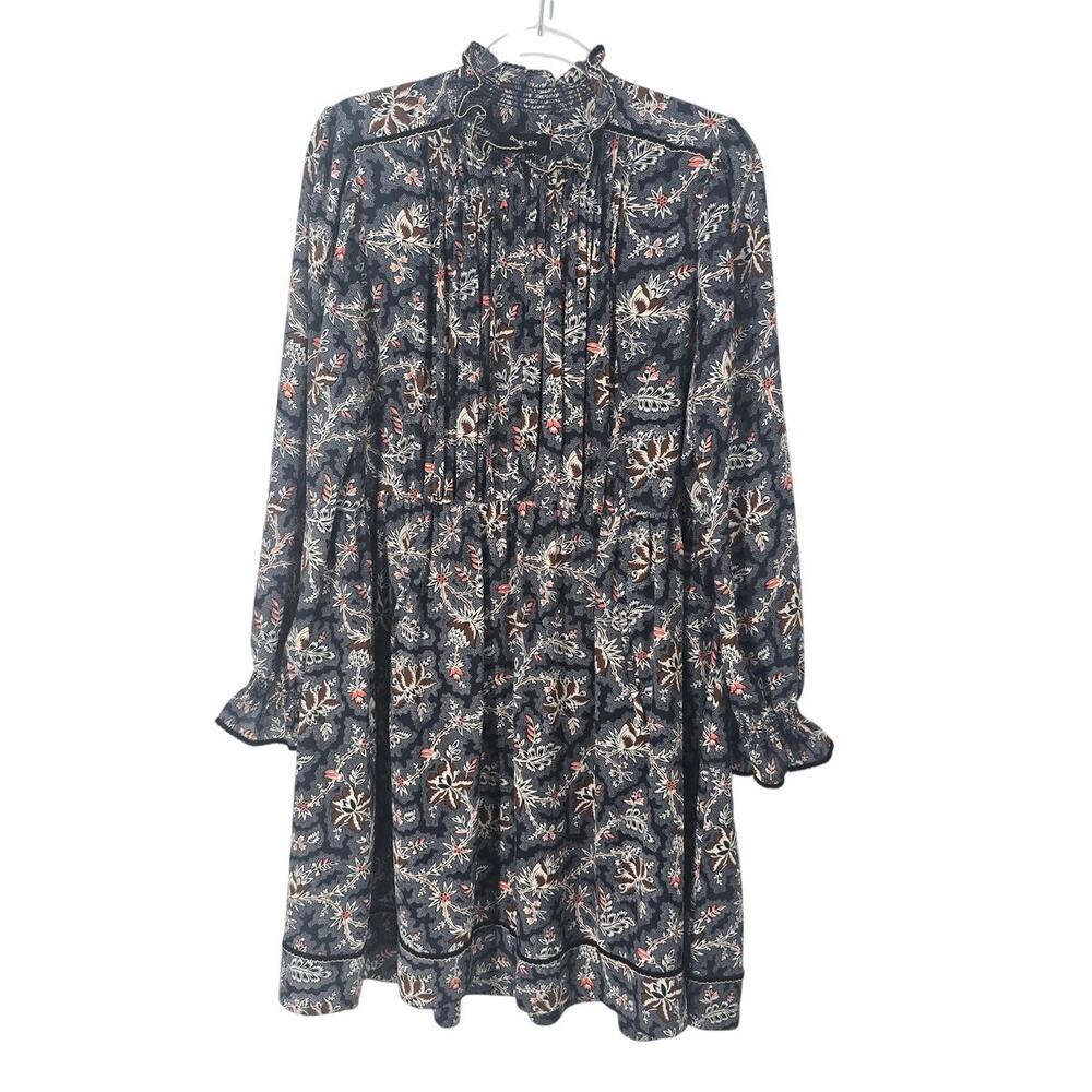 ME+EM Navy Floral Ruffle Collar Midi Dress Pintuck Long Sleeve Pockets US 10